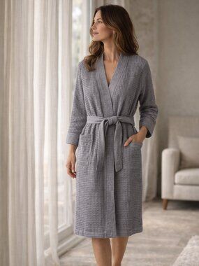 Matouk Kiran Bath Robe Gray Cotton Bamboo Blend Waffle Weave Unisex